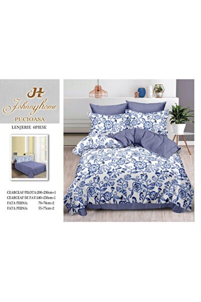 OEM Set lenjerie de pat dublu, 6 piese, bumbac satinat, model trandafir albastru