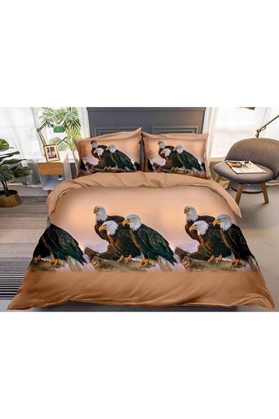 OEM Lenjerie pat dublu, print 3D vulturi, 4 piese, 2 persoane, 220x240cm, Bumbac Satinat, bej