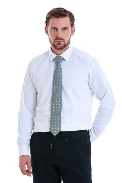 Hatemoğlu White Slim Fit Straight Slim Neckline Cotton Long Sleeve Shirt