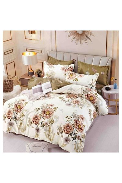 JOJO HOME Lenjerie de pat, Jojo Home, Imprimeu Trandafiri, 6 piese, 2 persoane, 245x250cm, Finet Superior, Bej