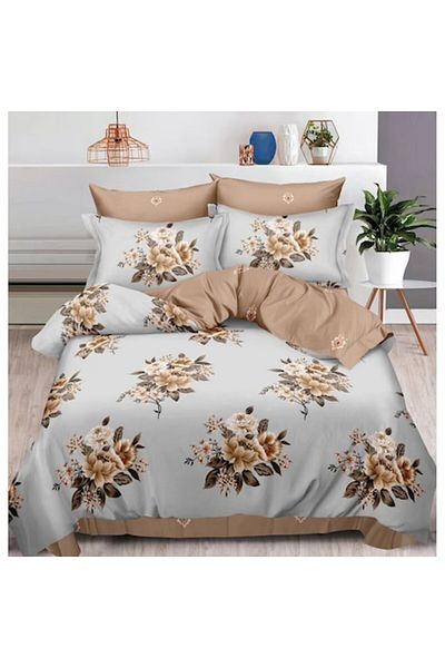 OEM Double bed linen set, floral bouquet print, 6 pieces, 2-person, 180x200cm, Finet Satin, Beige Multic