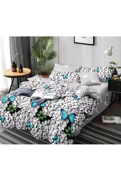 Pucioasa Set lenjerie de pat dublă, Pucioasa, Finet, 6 piese, 2 persoane, imprimeu fluturi, 245x250cm