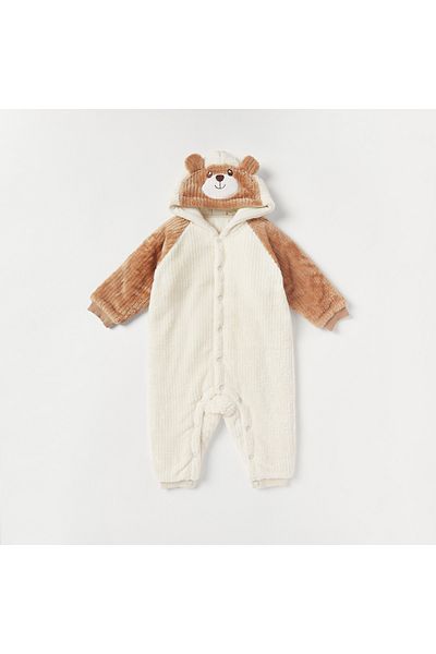 Juniors Bear Applique Hooded Sleepsuit with Long Sleeves and Button Closure