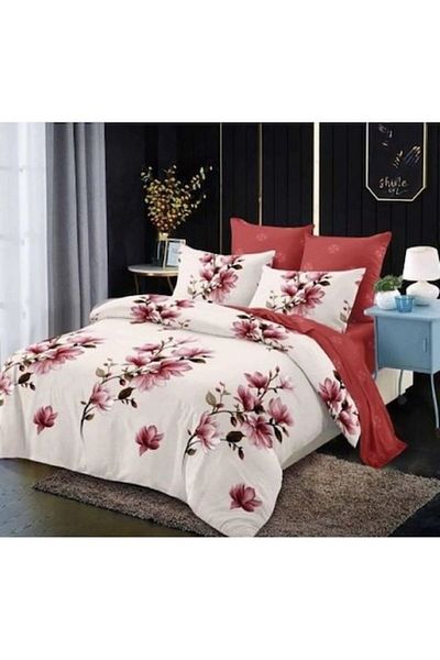 OEM Double Bed Linen, Finet, 6 Pieces, Magnolia Print, Beige-Brick Red, 230x250cm