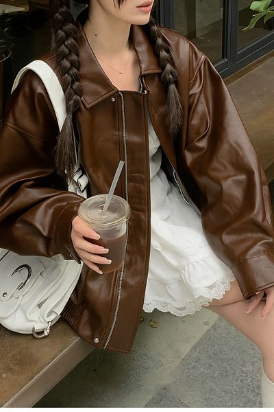 çerme Vintage γυναικείο δερμάτινο μπουφάν Oversize