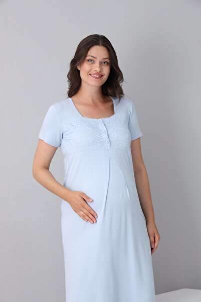 Miss Dünya Lissa Short Sleeve Maternity Nightgown with Lace Detail Suitable for Breastfeeding