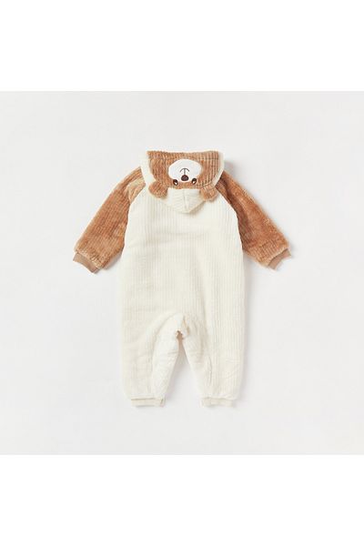 Juniors Bear Applique Hooded Sleepsuit with Long Sleeves and Button Closure
