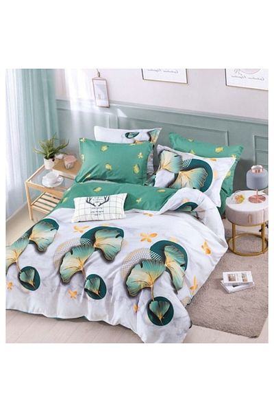 JOJO HOME Lenjerie de pat, Jojo Home, 6 piese, 2 persoane, 245x250cm, Finet Superior, Alb Verde