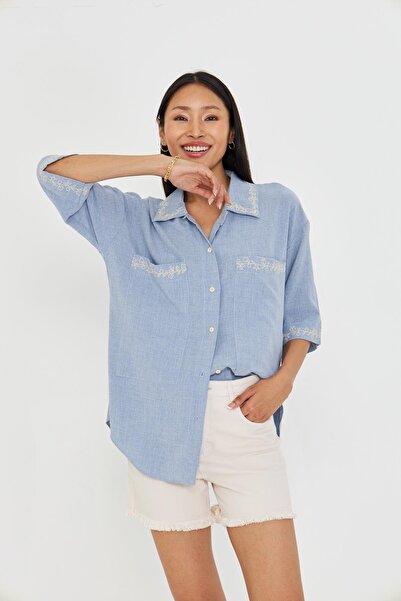 TIFFANY&TOMATO Çift Cepli Kısa Kol Nakışlı Gömlek