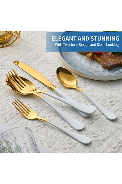 COOYA 24-Piece White&Gold Silverware Cutlery Set,Stainless Steel Cutlery Set for 6,Modern Cutlery Set