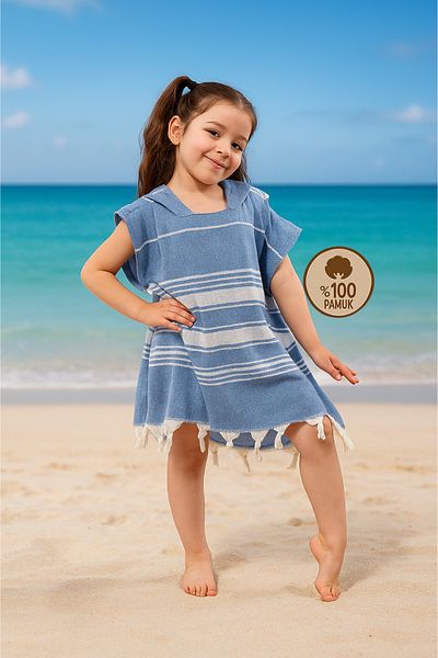 Formeya Kinder Bademantel Poncho 100% Baumwolle Strandtuch Pestemal Blau