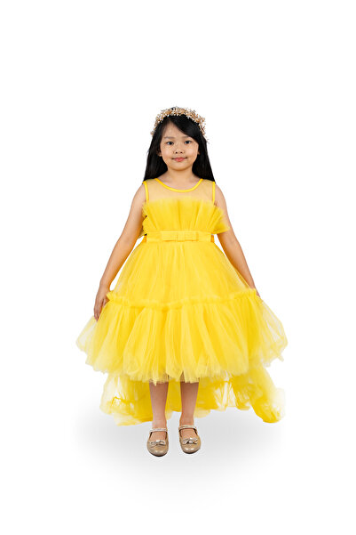 ddaniela فستان شبكي بحافة كشكشة أمامية مزينة بفيونكة للبنات الصغار باللون الأ...