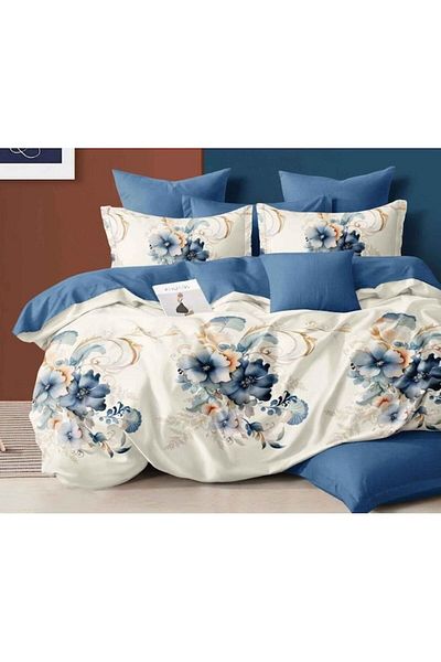 OEM Double Bedding Set, Reversible Sheets, Floral Print, 6 pieces, 2 persons, 230x245cm, Finet, White-Na