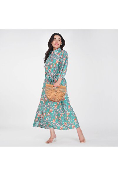 LINELLE فستان ماكسي بطبعة زهور من الرايون - خصر بحزام ورقبة طوق، متوفر بثلاثة...