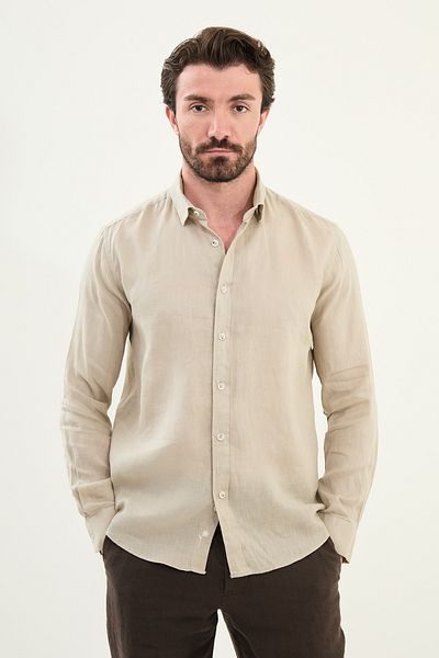 Mcr Plain Slim Fit Long Sleeve 100% Linen Men's Shirt Stone - 27079.25Y