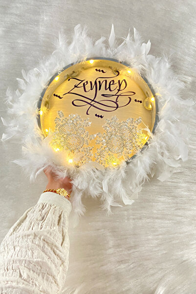 ZEYMERADE Beyaz Ledli Şeffaf Kaligrafi Gelin Tefi 30cm Vip Güpürlü Ve Tüylü D...