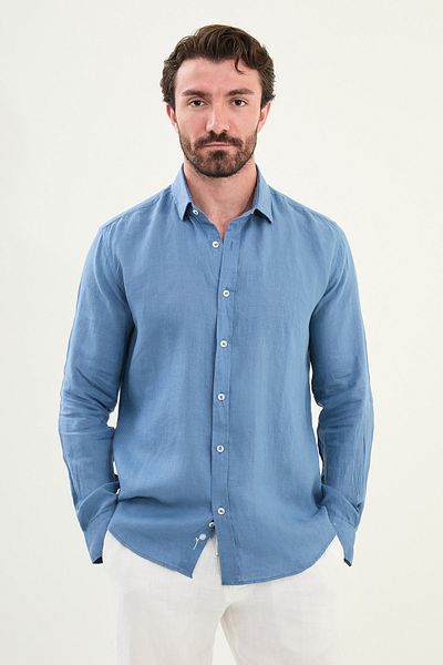 Mcr Plain Slim Fit Long Sleeve 100% Linen Men's Shirt Indigo - 27079.25Y