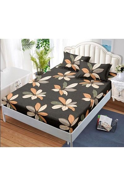 Pucioasa Husa de pat si fete de perna, imprimeu floral, 3 piese, 2 persoane, 180x200cm, Finet Satinat, Negru