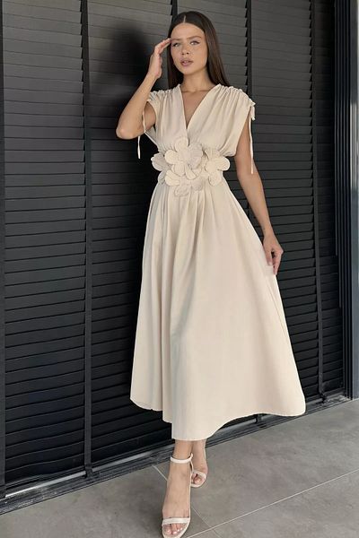 GÜLSELİ Beige Daisy Appliqued Double Breasted Dress