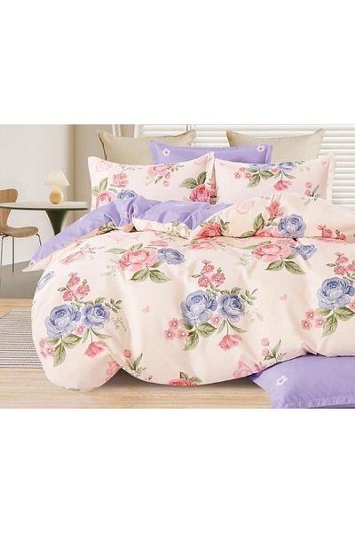 OEM Double Bed Linen Set, Lilac Roses, Reversible Sheet, 6 Pieces, 230x245cm, Finet, Multicolor