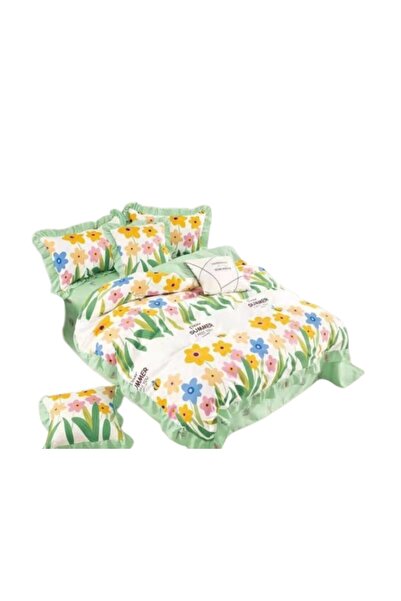 OEM Lenjerie de pat, 6 piese, 2 persoane, 230X250cm, Finet, Imprimeu Flori de Vara, Multicolor