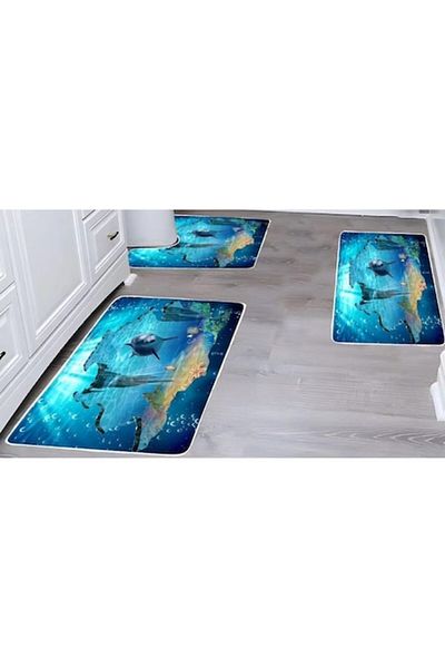 OEM Set 3 covoare de baie, antiderapante, imprimeu cu delfini, 50x60cm, 50x80cm, 60x100cm, multicolore