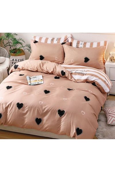 OEM Reversible Bedding Set, Elastic Sheet, Finet Hearts, Single, 4 Pieces, 140x200cm, Brown-Black