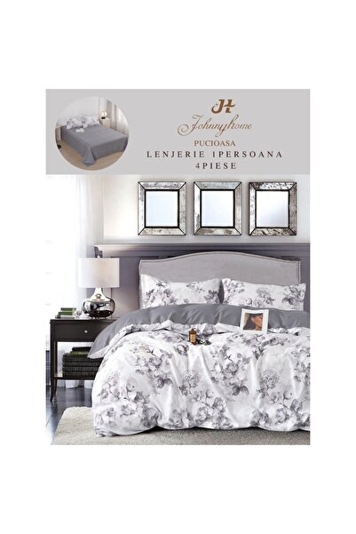 OEM Bed linen, Floral Print, 4 pieces, 1 person, 155x220cm, Fine Satin, White-Grey
