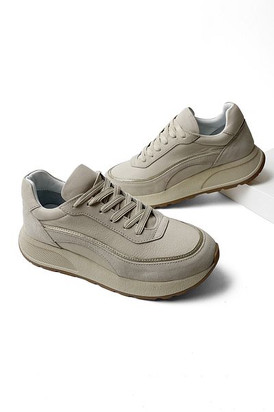 RABU Beige Women's Light Sole Genuine Leather Lace-Up Sports Shoes