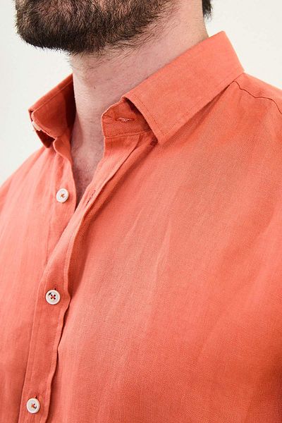 Mcr Plain Slim Fit Long Sleeve 100% Linen Men's Shirt Orange - 27079.25Y