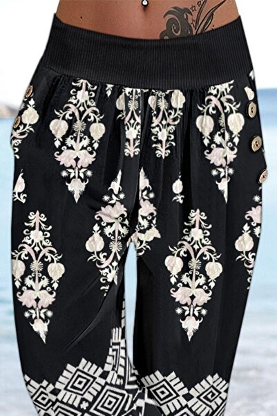 Mossta Elastic Waist Relaxed Cut Patterned Single Jersey Trousers - Black