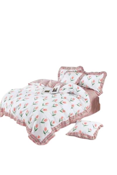 OEM Lenjerie de pat, 6 piese, 2 persoane, 230X250cm, Finet, Imprimeu Lalele, Multicolor