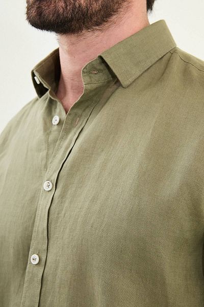 Mcr Plain Slim Fit Long Sleeve 100% Linen Men's Shirt Khaki - 27079.25Y