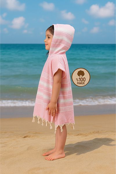 Formeya Kinder-Bademantel, Poncho, 100 % Baumwolle, Strandtuch, Pestemal, Rosa