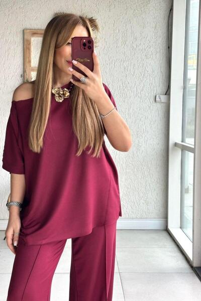 Mossta Casual Shoulder Detailed Blouse Wide Leg Trousers Double Set - Claret Red