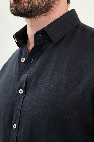 Mcr Plain Slim Fit Long Sleeve 100% Linen Men's Shirt Black - 27079.25Y