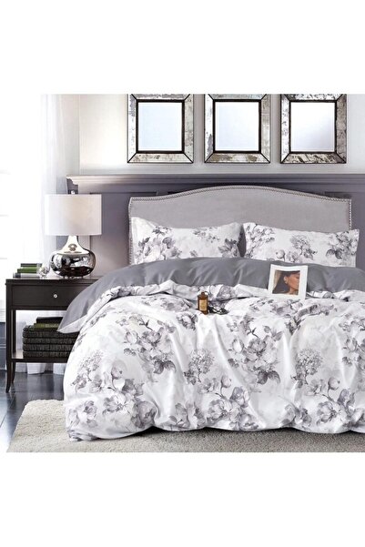 OEM Bed linen, Floral Print, 4 pieces, 1 person, 155x220cm, Fine Satin, White-Grey