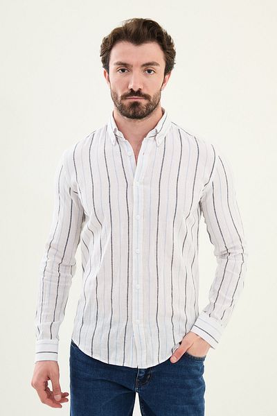 Mcr Striped Slim Fit Linen Men's Shirt White-Blue - 27078.25Y