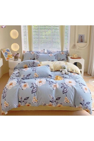 OEM Lenjerie de pat dublă, imprimeu floral, cearșaf reversibil, 6 piese, 230x245cm, Finet, albastru-bej