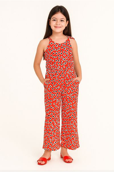 Marions Girls' Lace-Up Matched Strap Lace-Up Waist Zipper Closure Slit Wide Leg Woven Long Jumpsuit