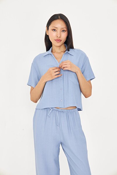 TIFFANY&TOMATO Cepli Kısa Keten Görünümlü Gömlek