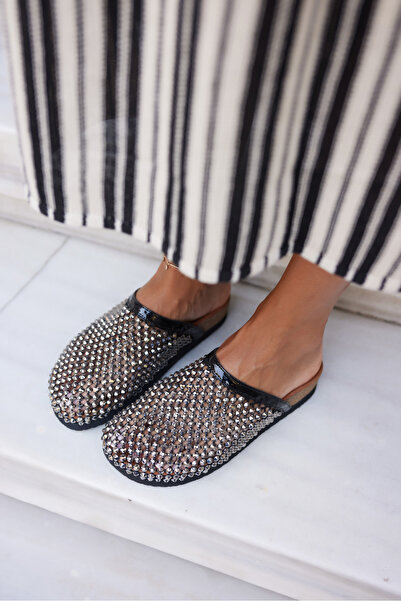 ANGELİNA JONES Pott Women's Black Mesh Stone Imported Slippers