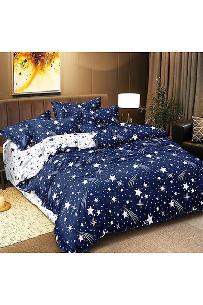 OEM Double Bed Linen Set, Starry Sky Print, 4 Pieces, 2 Persons, 180x200cm, Satin Cotton, Dark Blue