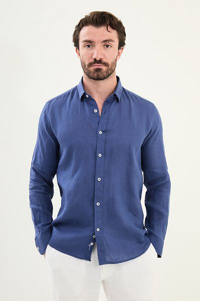 Mcr Plain Slim Fit Long Sleeve 100% Linen Men's Shirt Light Navy Blue - 27079.25Y
