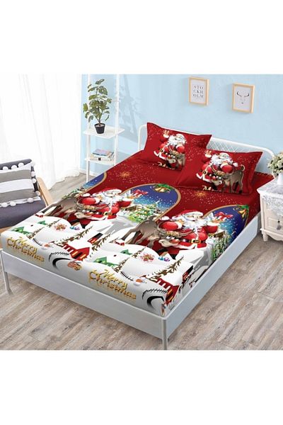 OEM Bed Sheet and 2 Pillow Covers Set, Finet, 2 People, 3 Pieces, Happy Santa, 180x200cm, Multicolor