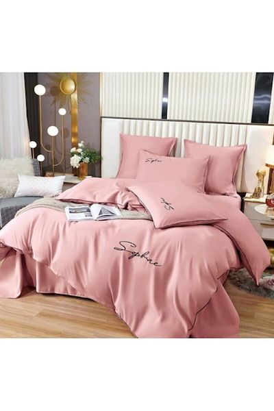 OEM Lenjerie de pat, Uni, Finet, 2 persoane, 6 piese, 230x245cm, Roz