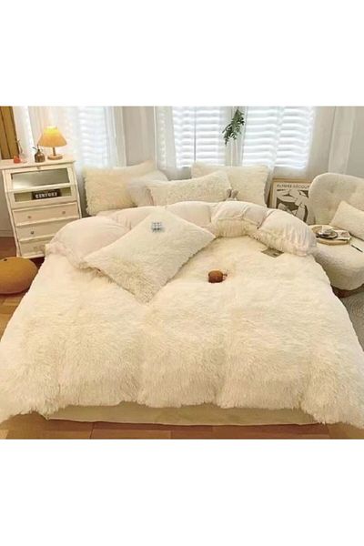 OEM Lenjerie de pat, Fluffy, 2 persoane, 4 piese, Uni, 220x240cm, Crem