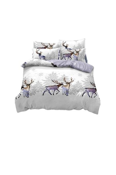 JOJO HOME Lenjerie de pat, Jojo Home, Finet, 1 persoana, 4 piese, Reindeer Family, 155x230cm, Multicolor