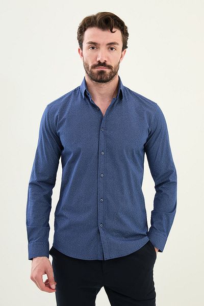 Mcr Patterned Slim Fit Cotton Men's Shirt Indigo - 27074.25Y