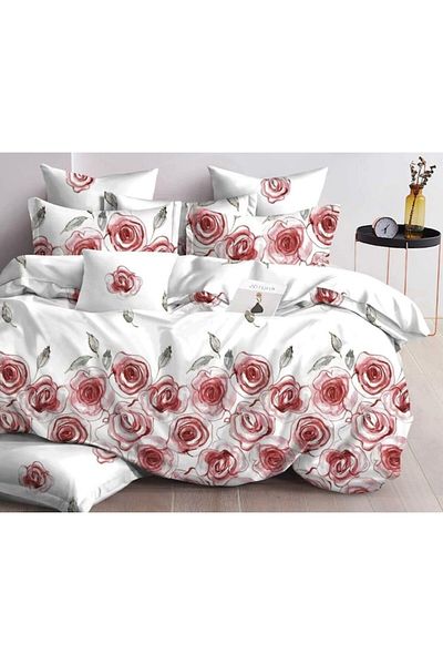 OEM Double Bed Linen Set, Rose Print, Reversible Sheet, 6 Pieces, 2 Persons, 230x245cm, Finet, White-Red
